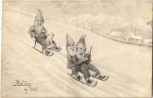 1917 Boldog új évet! / Happy New Year! Dwarves sledding in winter. V.K. Vienne 5282.