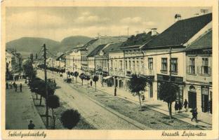 1941 Székelyudvarhely, Odorheiu Secuiesc; Kossuth Lajos utca, üzletek / street view, shops (EK)