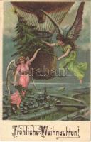 1909 Fröhliche Weihnachten! / angels with a balloon, Christmas greeting card, litho (EK)