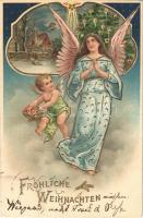 1905 Fröhliche Weihnachten / angels, Christmas greeting card, golden decoration, litho