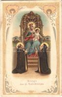 1916 Königin des hl. Rotenkranzes / Virgin Mary and Baby Jesus on a throne, Art Nouveau floral litho