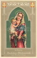 St. Maria, Herzlichen Glückwunsch zum Namenstage / Virgin Mary with Baby Jesus, religious name day greeting card, Emb. litho (fa)