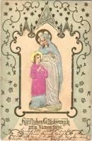 Herzlichen Glückwunsch zum Namenstage / Virgin Mary and Jesus, religious name day greeting card, golden decoration, Emb. (EK)