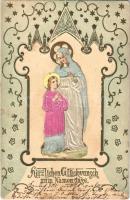 Herzlichen Glückwunsch zum Namenstage / Virgin Mary and Jesus, religious name day greeting card, golden decoration, Emb., Boldog névnapot / Szűz Mária és Jézus, vallási névnap üdvözlőkártya, arany díszítéssel Emb.