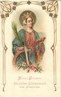 Heilige Katharina, Herzlichen Glückwunsch zum Namenstage / St. Catherine, religious name day greeting card, golden decoration, Emb. Art Nouveau litho