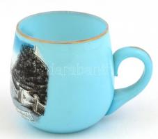 Buziásfürdő kék tejüveg emlékpohár, kézzel festett, kopásnyomokkal, m: 7,5 cm, d: 6,5 cm