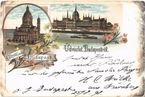 1898 Budapest V. Bazilika, Parlament, Országház, gőzhajó, lóvasút. Druck u. Verlag v. Louis Glaser. Art Nouveau, floral, litho (kis szakadás / small tear)