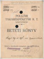Románia / Oradea (Nagyvárad) 1925. Polgári Takarékpénztár R.T. Nagyvárad betéti könyve, bejegyzésekkel, bélyegzéssel, lyukasztással érvénytelenítve