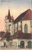 Szászsebes, Mühlbach, Sebesul Sasesc, Sebes; Ev. Kirche / Evangélikus templom, Josef Hientz üzlete. Anna Gross kiadása / Lutheran church, shop of Hientz