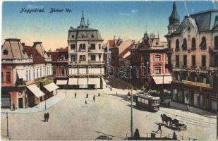 1917 Nagyvárad, Oradea; Bémer tér, Erdős és Grünfeld áruháza, Markovits és Weinberger üzlete, Duna biztosító, villamos / square, shops, store, insurance company, tram (b)