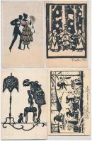 9 db RÉGI sziluettes művész motívumlap / 9 pre-1945 silhouette art motive postcards