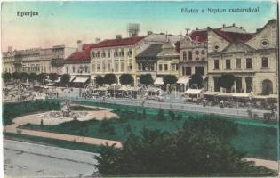 1915 Eperjes, Presov; Fő utca a Neptun csatornával, üzletek, piac. Grosszmann Ernő kiadása / main street, shops, market vendors