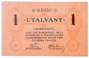Budapest ~1920. 1K Pester Lloyd utalvány hátoldalon bélyegezve T:I- Adamo BUC-212.1