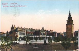1915 Kraków, Krakau, Krakkó; Sukiennice / Tuchhalle und Rathausturm / town hall tower, cloth hall + Zensuriert Bahnpostamt