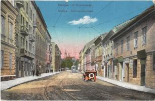 1915 Kraków, Krakau, Krakkó; Ul. Zwierzyniecka / Zwierzyniecka-Gasse / street view, automobile, tram, shops + K.u.K. Militärzensur Krakau 2.