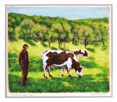 Kiss Terézia (1928- ):Tavaszi táj. Színezett rézkarc (V/XX), papír, jelzett, paszpartuban, 21×25 cm