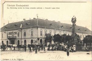 1903 Érsekújvár, Nové Zámky; Szentháromság szobor, Arany oroszlán szálloda, Kossuth Lajos tér, lovaskocsik. Conlegner J. és fia kiadása / Trinity statue, square, hotel, horse carts