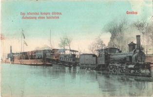 1909 Gombos, Bogojeva; egy teherrész kompra állítása. Tippl Józsefné kiadása / Aufsetzung eines Lastteiles / ferry, freight train, locomotive (kis szakadások / small tears)