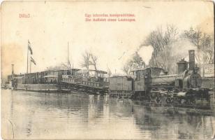 1909 Dálya, Dalj; egy teherrész kompra állítása. Jos. Krausz kiadása / Aufsetzung eines Lastteiles / ferry, freight train, locomotive (EK)