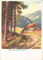 1943 Friedliches land / German forest house, art postcard, Nr. 218. s: W. Merker + So. Stpl (14,8 cm x 10,5 cm)