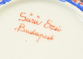 Sűrű Erzsi: Díszfestett, kobaltkék díszítésű kaspó. Jelzett. Hibátlan. d: 16 cm, m:  10 cm