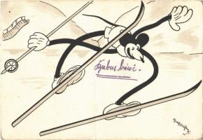 1938 Mickey Mouse skiing. Klösz early Disney art postcard s: Bisztriczky (fa)