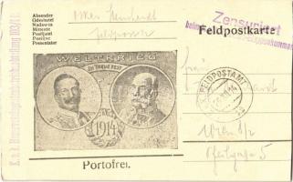 1914 Weltkrieg. In Treue Fest / Első világháborús tábori posta II. Vilmos és Ferenc József arcképével / WWI Austro-Hungarian K.u.K. military, field post postcard with Wilhelm II and Franz Joseph, Viribus Unitis propaganda + "K.u.K. Reservetelegrafenbetriebsabteilung 103/1B" "Zensuriert beim K.u.K. I. Armee-Etappenkommando" (vágott / cut)