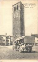 Marano Lagunare, Piazza V. Emanuele (storica Torre) / square, vlock tower, autobus