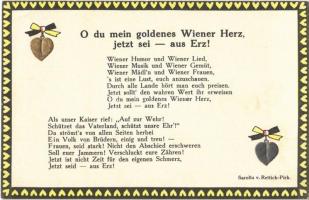 O du mein goldenes Wiener Herz, jetzt sei aus Erz! / WWI Austro-Hungarian K.u.K. military propaganda, Emb. hearts. Sarolta v. Rettich-Pirk (EK)