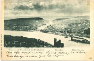 1902 Bingen am Rhein, Bingen und Bingerbrück im Mondschein, Ehrenfels, Mausethurm / general view, castle, tower, river