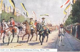 1908 Wien, Vienna, Bécs; Gruß vom Kaiser-Jubiläums-Huldigungs-Festzug / 60th anniversary of Franz Josephs reign, military parade. B.K.W.I. 895-2. s: C. Benesch (EK)