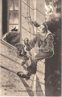 Die Retraiteüberschreiter / Mancanti! / K.u.K. Kriegsmarine Matrose / Austro-Hungarian Navy mariner humour art postcard. G. Fano, Pola 1910-11. 2088. s: Ed. Dworak (EK)