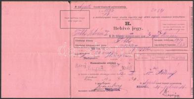 1914 behívó jegy a Budapesti 1. huszárezredbe