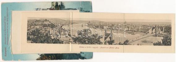 Budapest XIV. Városligeti tó a Vajdahunyad várral, sérült leporellólap belül Tabán, Királyi vár, Lán...