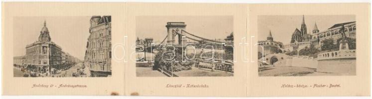 Budapest XIV. Városligeti tó a Vajdahunyad várral, sérült leporellólap belül Tabán, Királyi vár, Lán...