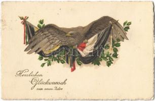 Herzlichen Glückwunsch zum neuen Jahre / New Year greeting art postcard. Viribus Unitis flags, propaganda. Emb. litho