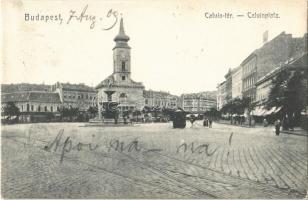 1909 Budapest VIII. Kálvin tér, villamos, templom, szökőkút, üzletek. S.L.B. No. 108.