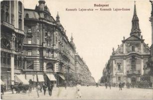 Budapest V. Kossuth Lajos utca, Ferenciek tere, Pension Exquisite szálloda, Kőszegi H., Stein, Mérő L. és Társa üzlete, templom (EK)