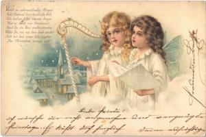 1899 Christmas greeting card, angels playing the harp, litho