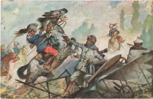 Der Weltkrieg 1914/15. Fliegeroffiziere verteidigen ihren Apparat gegen französische Dragoner. Moriz & Barschall Nr. 4680. 12. D. / WWI German military art postcard s: C.W. Kiesslich (EK)