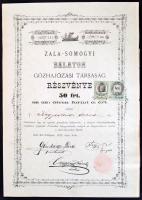 1872 Zala-Somogyi Balaton gőzhajózási társaság részvénye 50Ft. A Kegyesrendi Szerzet részére kiállítva. Szelvényekkel. T: II.