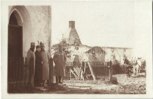 1916 Osztrák-magyar katonák Radehivben (Radziechów), romos épületek / WWI Austro-Hungarian K.u.K. military, soldiers with lady in Radekhiv (Ukraine), ruined buildings. photo