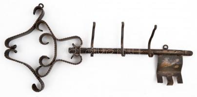 Vas kulcs alakú fali kulcstartó, rozsdafoltokkal, h: 33 cm