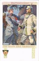 Waffenbrüder für heute und immerbar / WWI German and Austro-Hungarian K.u.K. military, Viribus Unitis propaganda. Deutscher Schulverein Karte Nr. 475. s: K. A. Wilke