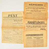 1944-1956 3 db 1956-os újság Magyar Függetlenség I. évf. 5. sz., 1956. nov. 2., reggeli kiadás, sérült, szakadozott, Népszabadság. I. évf. 20. sz., 1956. nov. 29., Népszava 77. évf 3. sz., 1956. nov. 3. szakadozott.  +1944 Pest. VI. évf. 40 sz. 1944. feb. 19.