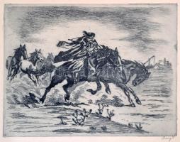 Burg V. jelzéssel: Vágtató lovas. rézkarc, papír, 23x18 cm