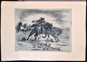 Burg V. jelzéssel: Vágtató lovas. rézkarc, papír, 23x18 cm