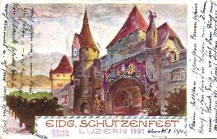 1901 Lucerne, Luzern; Eidg. Schützenfest, Haupteingang zur grossen Testhalle / Swiss Federal shooting festival, main entry So. Stpl s: I. Gebäc