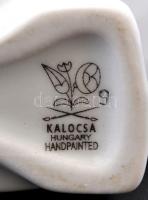 kalocsai porcelán pálinkás palack és kupica, matricás, jelzett, kis kopásnyomokkal, m: 10,5 cm