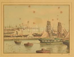 XIX. sz vége: Schiler 93 jelzéssel: Trieszti kikötő, Akvarell, papír, Foltos. 25x35 cm Üvegezett keretben